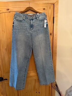 DKNY high rise wide legs silver clear rhinestone jeans
